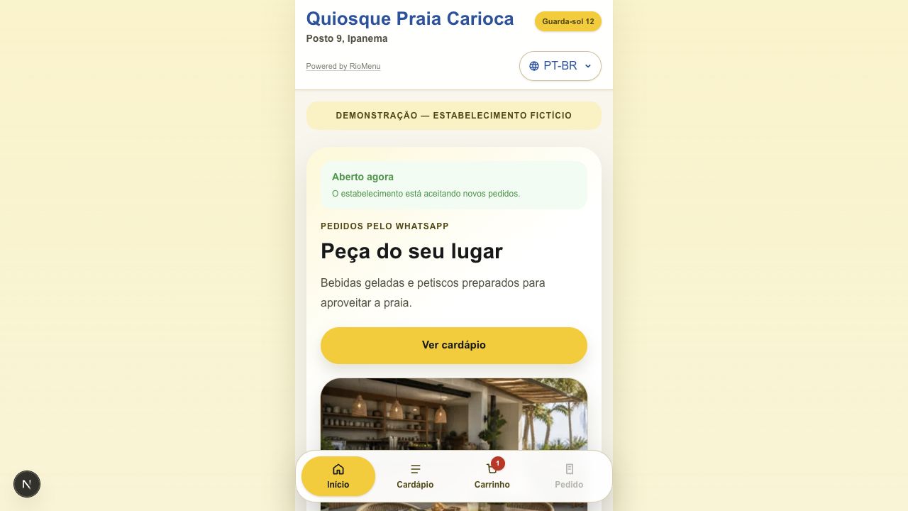 Cardápio RioMenu em português com produtos e categorias