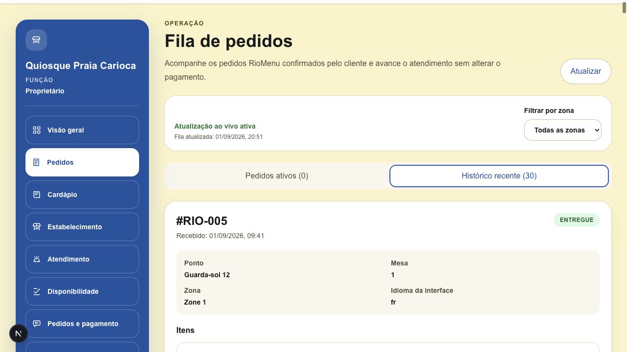 Fila de pedidos no painel do gestor RioMenu