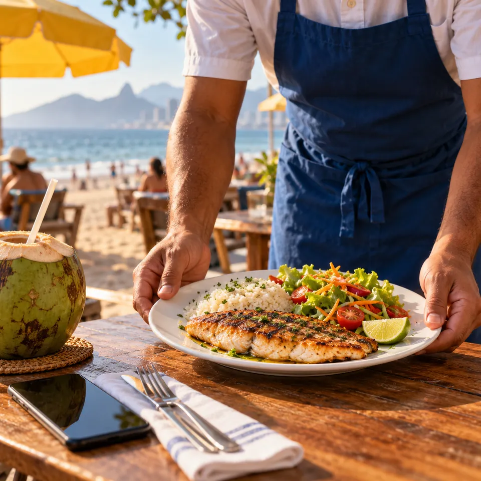 Cena ilustrativa fotorrealista de um garçom servindo um prato em um quiosque à beira-mar